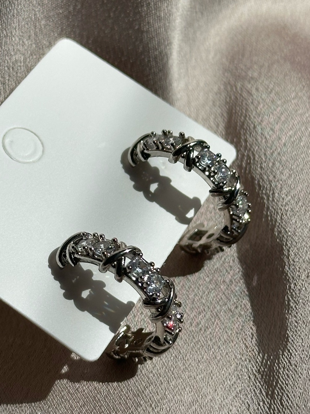 Silver Hoop Earrings with Clear Crystal Zirconia Accents